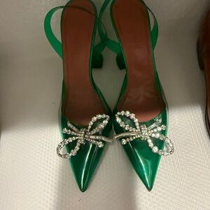 Amina Muaddi Emerald Heels with Crystal Bow